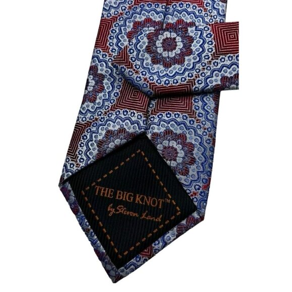 NWT THE BIG KNOT 100% Silk Tie Pocket Square LUXURY XL Blue Red Geometric W:3.6" - Picture 5 of 5